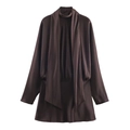 Deep brown satin dress with long sleeves and elegant scarf collar detail on white background - XS / Coffee