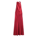 Detail eines dunkelroten Satin-Maxikleides mit Neckholder-Falten und seidigem Stoff - XS / Rot