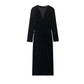 Elegantes schwarzes Samt-Midikleid mit V-Ausschnitt, Langarm und silbernen Perlen - XS / Schwarz