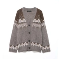 Women's V-neck grey knit cardigan with snowflake pattern and button-down front - S / Gray/Brown/White Jacquard