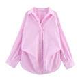 Detailed view of pink vertical stripe long sleeve shirt with double-layered front and pocket - Pink
