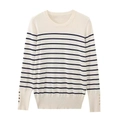 Women's slim-fit crew neck knitted sweater with navy stripes and button cuffs - S / Striped