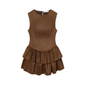 Vintage brown sleeveless dress with double-layered ruffle hem and round neckline - XS / Dark Brown