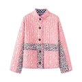 Pink floral patchwork quilted jacket with stand collar and single-breasted buttons - S / Pink Floral