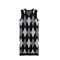 Klassisches ärmelloses Strickkleid mit V-Ausschnitt und Karomuster in Schwarz-Weiß - S / Schwarz Grau Weiß Argyle