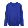 Detail of royal blue knit sweater sleeve showing four gold buttons on the cuff - S / Sapphire Blue