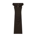 Elegantes schulterfreies Maxikleid mit seitlichen Raffungen und goldenen Knöpfen - S / Dunkelkaffee