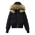 Women's slim fit hooded winter puffer jacket with warm faux fur collar in black - S / Black