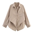 Detail of khaki striped shirt featuring a unique overlapping front placket design - XS / Khaki Stripe