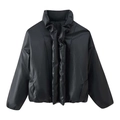 Modische schwarze Pufferjacke aus Kunstleder mit plissiertem Stehkragen und Reißverschluss - S / Schwarz
