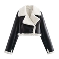 Dames bikerjack van zwart imitatieleer met contrasterende witte faux fur afwerkingen - XS / Tops / Zwart