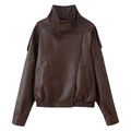 Chaqueta vintage de cuero sintético marrón oscuro con cuello alto y cierre asimétrico - S / café