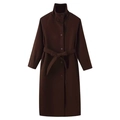 Élégant manteau en laine marron foncé avec col montant et ceinture à nouer sur blanc - S / Brun Foncé
