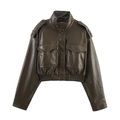 Short faux leather bomber jacket in olive green featuring high collar and flap pockets - XS / Green