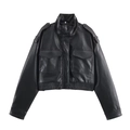 Detail of vintage black faux leather cropped jacket with utility pockets and shoulder straps - XS / Black