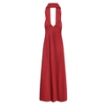 Robe longue élégante en satin rouge foncé avec col licou en V et coupe ajustée - Rouge