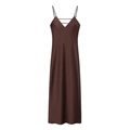 Elegant deep brown satin midi dress with V-neck and delicate spaghetti straps - Coffee