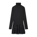 Elegant black long sleeve turtleneck dress featuring a chic fringe拼接 hem detail - S / Black