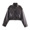Women's vintage brown PU leather cropped jacket with high collar and epaulets - XS / Dark Brown