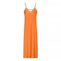 Orange V-neck sleeveless satin midi dress with thin straps and sleek silk texture - XS / Orange