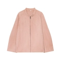 Minimalist peach faux suede stand collar jacket with front zipper and buckle detail - S / Pink