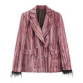 Roze fluwelen geplooide blazer met dubbele rij knopen en zwarte veren aan de manchetten - XS / Mauve Top