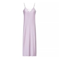Detailed view of lavender satin midi dress featuring thin straps and V-neckline texture - XS / Light Purple