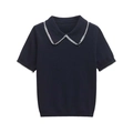 Navy blue short sleeve knit top with white wavy lace Peter Pan collar design - S / Navy Blue