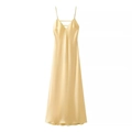 Elegant champagne satin V-neck midi dress with thin straps and a smooth metallic luster - XS / Yellow