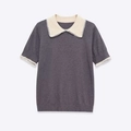 Women's dark grey knit top with contrast Peter Pan collar and white lace trim - S / Gray