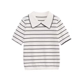 Short sleeve polo knit top with black stripes and scalloped lace trim on white background - S / White and Black Striped