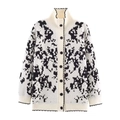 Übergroße Jacquard-Strickjacke mit Stehkragen und abstrakten schwarzen Pixel-Mustern - S / Weiß Mit Schwarzen Blumen