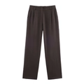 Damesbroek met wijde pijpen in donkerbruin met tailleplooien en riemlussen in platte weergave - XS / Koffie Broek
