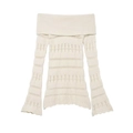 Off-shoulder cream knit sweater with bell sleeves and vertical hollow-out patterns - S / Milky White