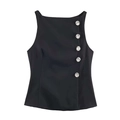 Elegante zwarte mouwloze damestop met sprankelende kristallen knopen als decoratie - XS / Zwart