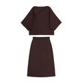 Conjunto de punto marrón oscuro para mujer con top de solapa y falda de corte midi - S / Marrón Oscuro