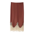 Elegante gonna midi in raso marrone rossastro con bordo in pizzo crema e seta lucida - XS / Rosso Marrone