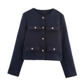 Giacca corta classica in tweed blu scuro con girocollo e eleganti bottoni dorati - XS / Blu navy
