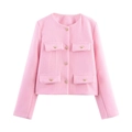 Elegant pink tweed jacket for women featuring gold buttons and a four-pocket design - XS / Pink