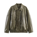 Olive green oversized faux leather jacket with lapel collar and zip pockets in retro style - XS / Army Green