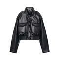 Detail der schwarzen Vintage-Kurzjacke aus Kunstleder mit Schulterklappen und Brusttaschen - XS / Schwarz