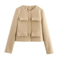 Elegant beige cropped tweed jacket with round neck and gold buttons on a white background - XS / Dark Khaki