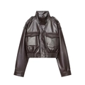 Retro dunkelbraune kurze Utility-Lederjacke mit großen Taschen und hohem Kragen - XS / Dunkelrot