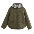 Veste matelassée vert armée pour femme avec capuche grise et boutons simples - S