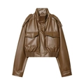 Braune Vintage-Kurzjacke aus Kunstleder mit nützlichen Taschen und Schulterklappen - XS / Hellbraun