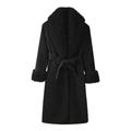 Elegant black long wool coat for women featuring a faux fur collar and waist belt detail - S / Black