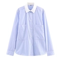Loose fit blue vertical striped long sleeve shirt with white contrast collar and dual pockets - XS / Light Blue Stripes