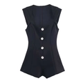 Eleganter schwarzer ärmelloser Jumpsuit mit glitzernden Kristallknöpfen und Karree-Ausschnitt - XS / Schwarz