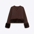 Gilet en maille marron foncé pour femme avec bordure en fausse fourrure, style court chic - S / Brun Foncé