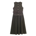 Vestido midi sin mangas verde oliva con botones dorados y falda plisada con cinturón - XS / Verde Oliva Profundo